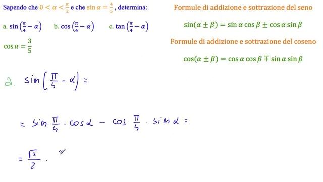 Goniometria - α compreso tra 0 e π/2, sin(α)=4/5, trova: sin(π/4-α),cos(π/4-α) e tan(π/4-α) смотреть онлайн