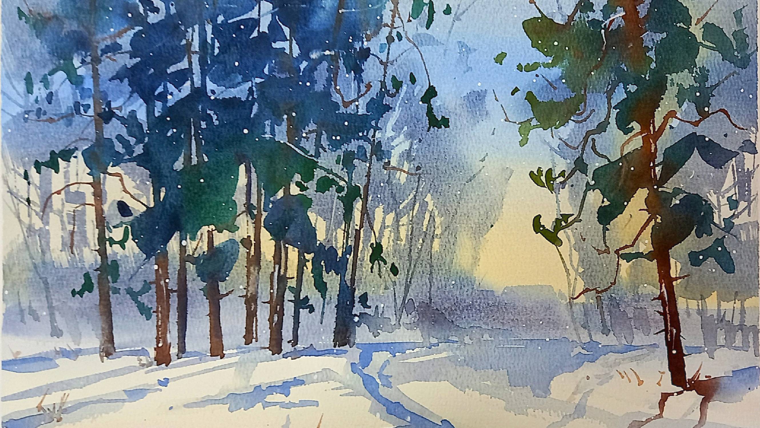 Зимняя опушка, подробный мастер-класс по акварели смотреть онлайн