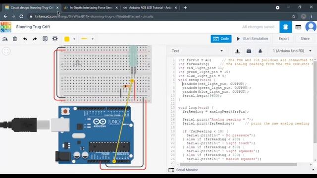 Arduino Course - Force Sensor program to Turn on RGB LED | Tinkercad