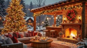 Расслабляющая праздничная новогодняя зимняя музыка в уютном кафе с камином огнём красивым видом фон