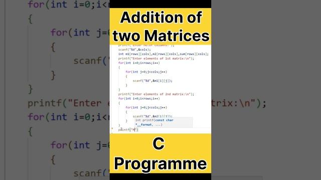Addition of two matrices in C #coding #forloop #2darray #programming #array #matrix
