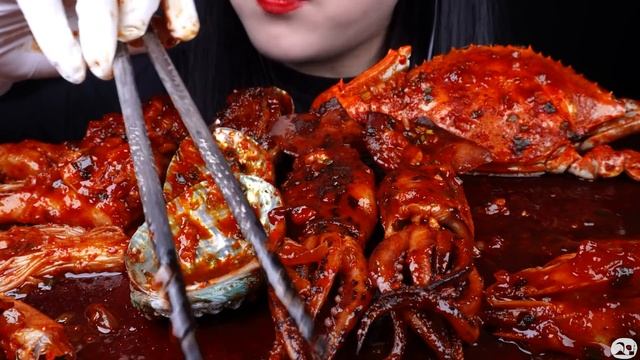 ASMR SPICY SEAFOOD, 해물찜 먹방, SPICY ENOKI MUSHROOM, SPICY CHICKEN, CRAB, SQUID, SHRIMP, 버섯 먹방 MUKBANG