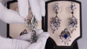 Серьги Паутина тайны из серебра с изумрудом синтетическим и фианитами