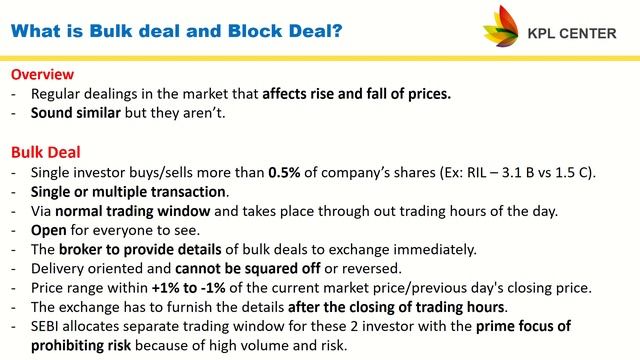 BULK DEAL AND BLOCK DEAL EXPLAINED IN TAMIL | STOCK MARKET BASICS FOR BEGINNERS | #KPLCENTER | GK