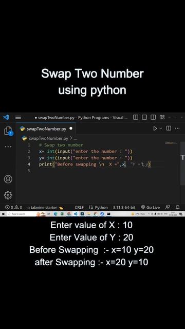 Swapping two number using python
