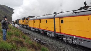 Union Pacific 4014 and 844 Steam Locomotives arriving at Echo Canyon, Utah in slow motion
