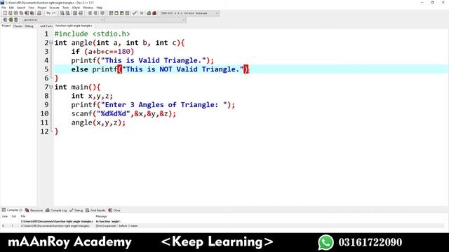 unit 5 exercise 4 Write a function in C Language to check Either Triangle is valid or not