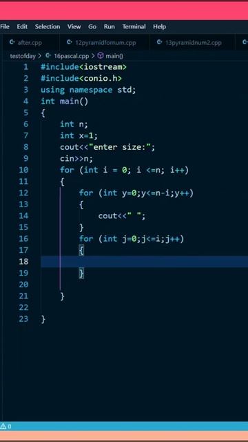 Print Pascal triangle 🔼 🔼  simple way  😄😃 in c++ #learn to code #codehack #c++#shorts #c2 coding #c