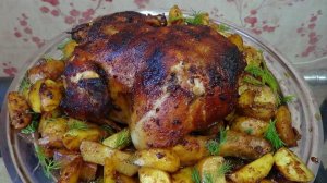 Курица запеченная в духовке с апельсинами, яблоками и картофелем