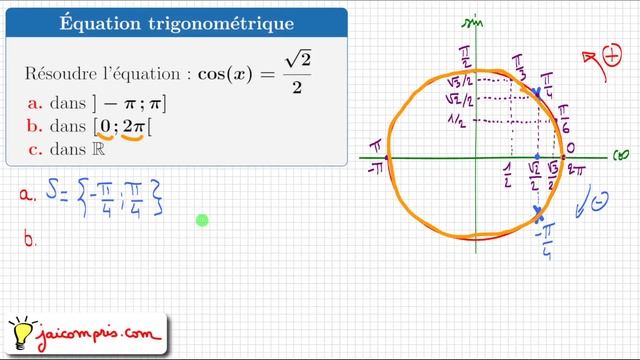 équation trigonométrique • résoudre cos(x)=√2/2 sur ]pi-;pi] sur [0;2π[ et sur R • première spé mat смотреть онлайн