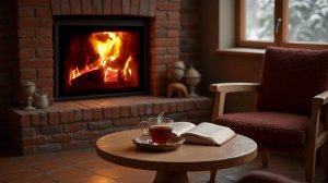 Winter Warmth: Comfortable Chair | Open Book | Cup of Tea | Burning Fireplace