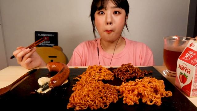 [SUB]불닭볶음면 4개 도전🔥 까르보불닭 짜장불닭 미트스파게티불닭 치즈불닭볶음면 먹방 4types spicy chicken noodle  mukbang realsound ASM