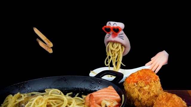 ASMR MUKBANG :) Seafood Pasta & Giant Ball Fries Eating Show! смотреть онлайн