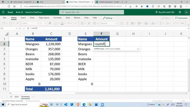 Microsoft Excel -sum values from a different sheet to the summary sheet automatically