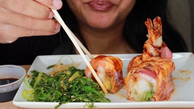 ASMR SPICY ANGEL SOYBEAN SUSHI ROLL & SEAWEED SALAD - MESSY SEAFOOD EATING SOUNDS - NO TALKING
