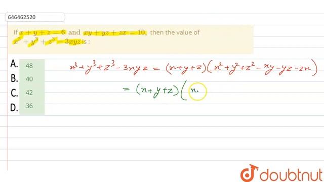 If x  y  z  6 and xy  yz zx  10 then the value of x 3  y 3z 3- 3xyz is :   CL...
