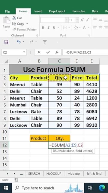 Use of Dsum function in excel || #shorts