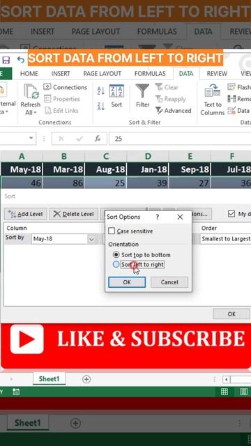 shorts Sort data from left to right in excel instead of top to bottom excelinhindi trending