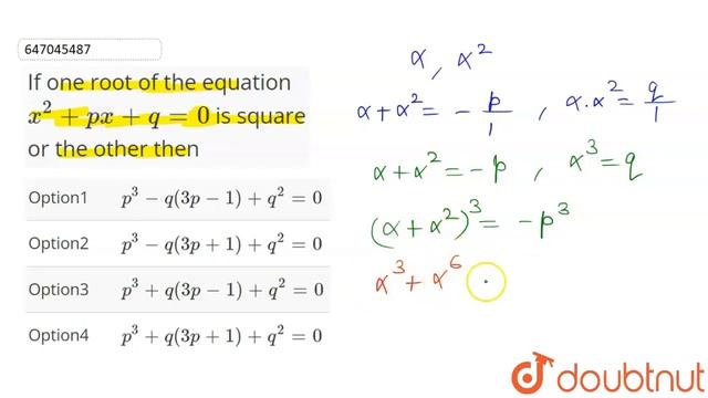 If one root of the equation x^(2)+px +q=0 is square or the other then | CLASS 12 | THEORY OF QUA... смотреть онлайн