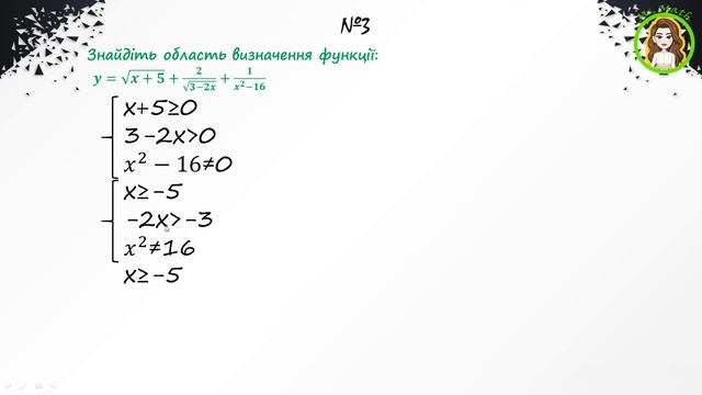 Знайдіть обл. визначення функції:𝒚=√(х+𝟓)+𝟐/√(𝟑−𝟐х)+𝟏/(х^𝟐−𝟏𝟔). Системи нерівностей.9 клас. смотреть онлайн