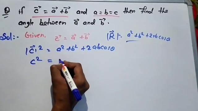 If vector c=vector a + vector b and a=b=c then find the angle between vector a and vector b|edulove
