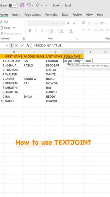Textjoin | Excel Tips | Excel Tutorial | Thelearnyn #shorts