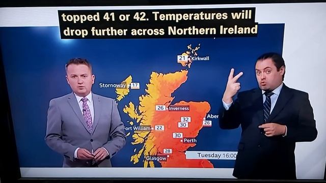 BBC Weather on Red Hot Weather Alert Warning which reached 40.2C at Heathrow Airport - new UK recor
