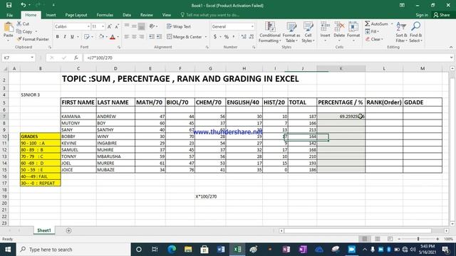 M.Excel ,Sorting data,SUM,percentage %,Rank and Grading students( A+,B-,C+ ,Fail or Repeat)