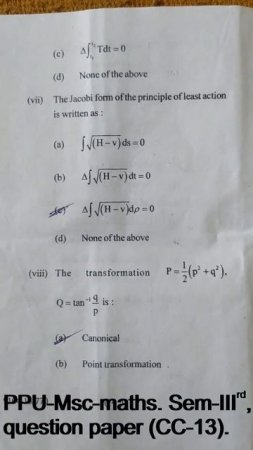 PPU-Msc-mathematics. Sem-IIIrd ,question paper (CC-13)-Classical Mechanics.