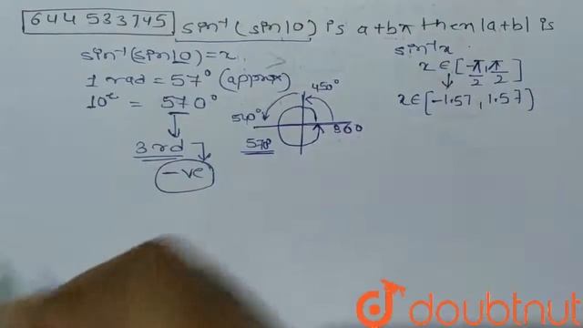 sin-1sin10 is abpi then ab is  12  TEST PAPERS  MATHS  RESONANCE ENGLISH  Doubtnut