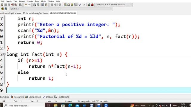 20.C program to calculate factorial of a number using recursive function | C Programming LAB | PPS