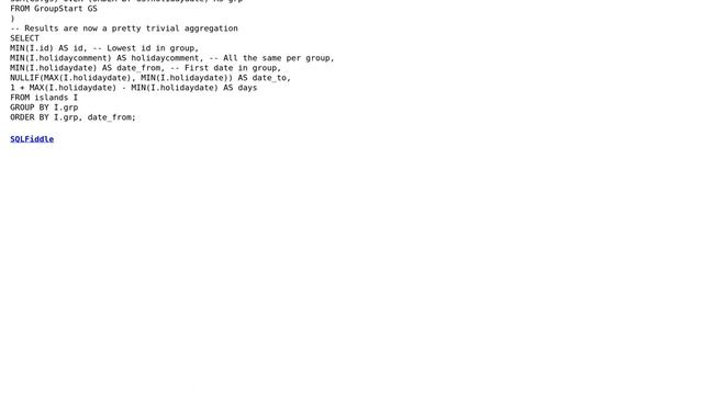 Databases: Finding "islands" of holiday periods for employees (3 Solutions!!)