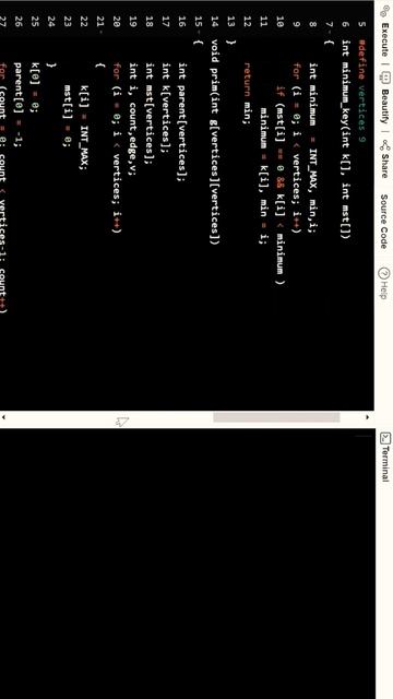 C program and time complexity analysis for Prim's algorithm.