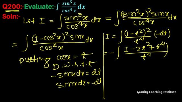Q200 | ∫sin ^5x/cos ^4x dx | Integral of sin power 5 x / cos power 4 x | Integrate sin^5x/cos^4