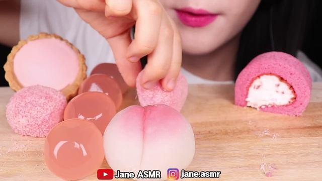 ASMR PINK FOODS *PEACH CAKE, JELLY, COTTON CANDY, RICE CAKE 복숭아 떡, 복숭아 젤리, 핑크 솜사탕 먹방 EATING SOUNDS