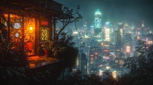 A Cyberpunk Sanctum high Above Night City With Cyberpunk Ambient Background Music