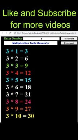 HTML, CSS and JavaScript Code to Print Multiplication Table #shorts