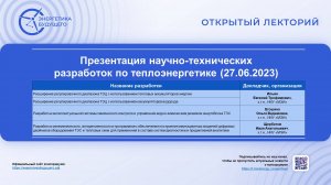 Презентация научно-технических разработок по теплоэнергетике (от 27 июля 2023 года)