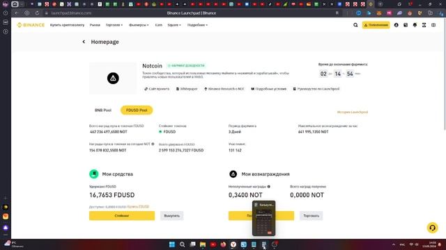 Участвую в Launchpool токена NOT FDUSD на Binance. Фарминг доходности Лаунчпул Ноткоин какой доход смотреть онлайн