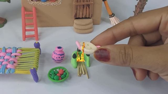 DIY How to make polymer clay miniature house, Riksha, Kitchine, Charpai , tree | Village House