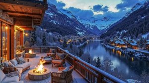 Cнег и тепло огня, звук камина пианино для расслабляющего зимнего вечера на уютной террасе.