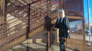 DANA LABO - walk in leather mini dress, shiny corsair boots very high heels and gloves and jacket