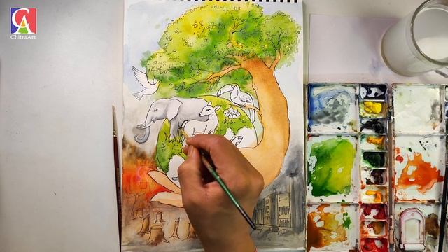Save Environment Day 2024 Beautiful Painting with Watercolor Step by Step Drawing for beginners
