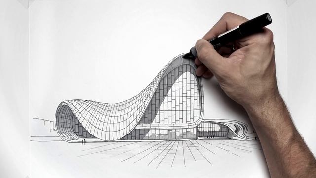 BAKU Heydar Aliyev Center Freehand Architecture Perspective Drawing Timelapse Video UHD 4K