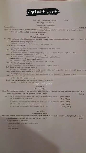 Fundamentals of Genetics # Bsc agriculture question paper 1 semester Mgkvp