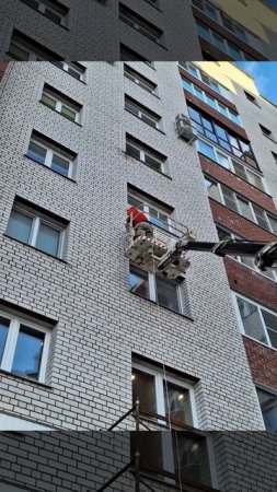 Процесс ремонта трещин в облицовочной кладке стен фасада многоэтажного жилого дома в г. Смоленске.