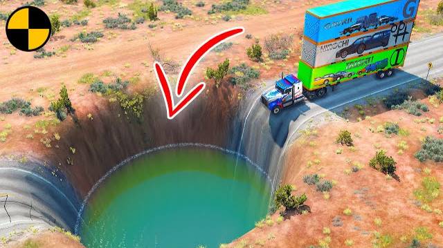 Машины пытаюстя пролететь ДЫРУ в земле!(с водой) 😱 BeamNG.Drive