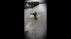 Wetlook Smile. Jump into the lake. Swimming in the lake. Leather jacket and wet jeans.