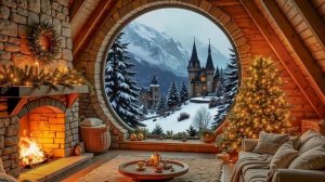 Камин огонь вид из окна на волшебный замок в Германии. Инструментальная рождественская музыка.