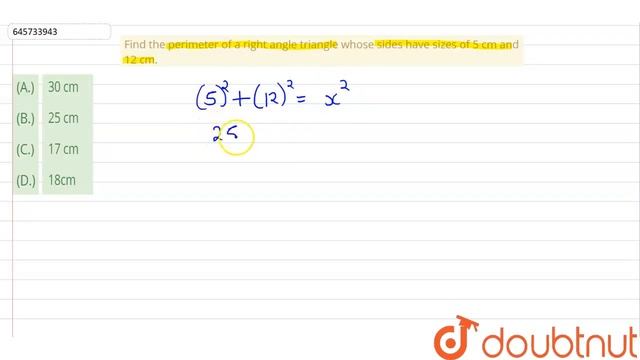 Find the perimeter of a right angle triangle whose sides have sizes of 5 cm and 12 cm. समकोण त्र... смотреть онлайн